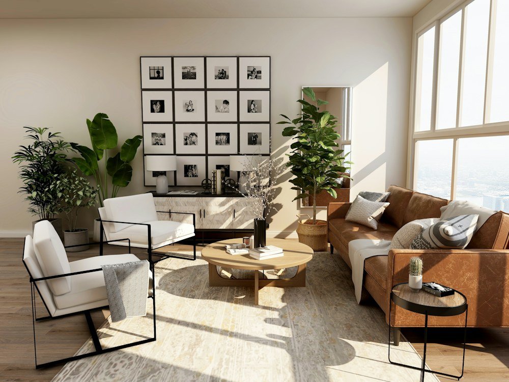 Sala iluminada com tons naturais e móveis acolhedores, fotografia ilustrativa